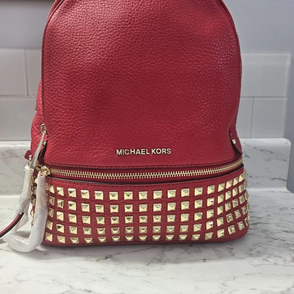 Michael Kors Rhea Studded Backpack In Pebbled Red Leather. - Picture 7 of 7